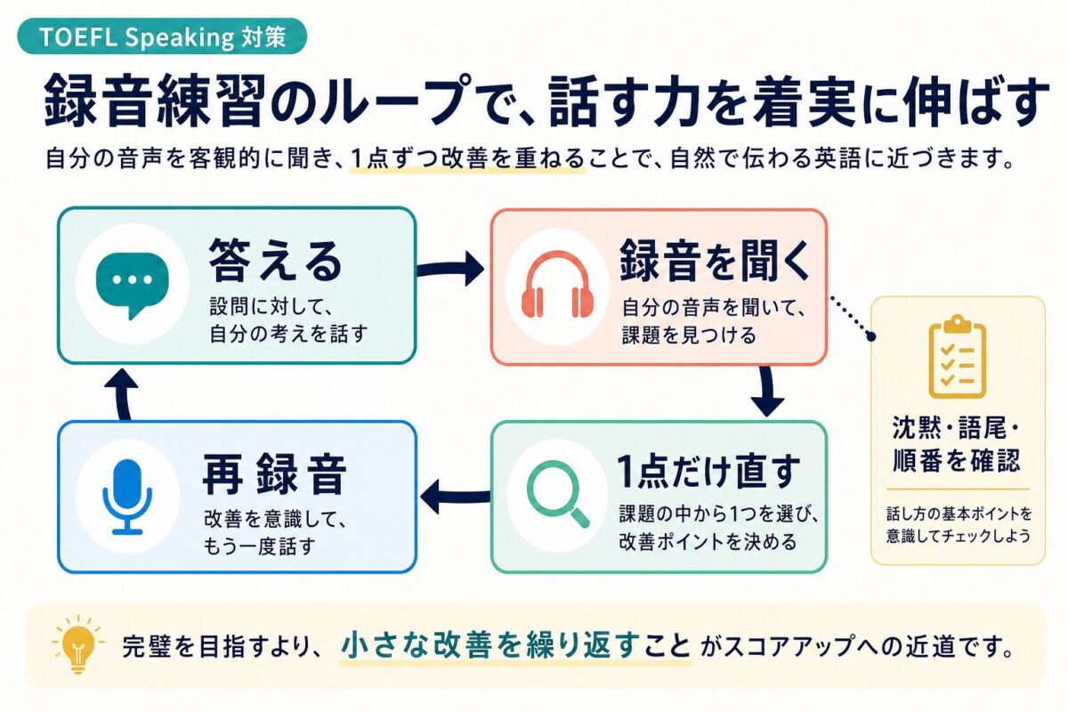 TOEFL Speakingの録音練習を答える、聞く、直す、再録音の流れで示した図解