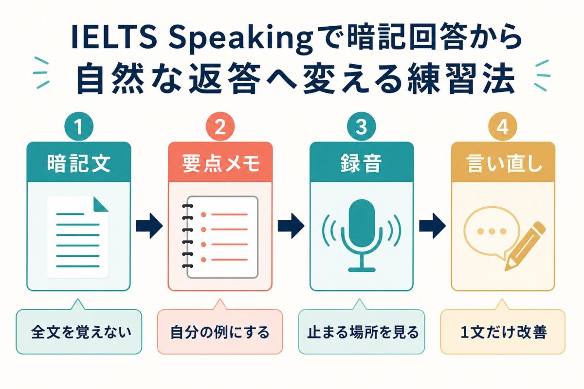 IELTS Speakingで暗記文を自然な返答に変える4ステップ図解
