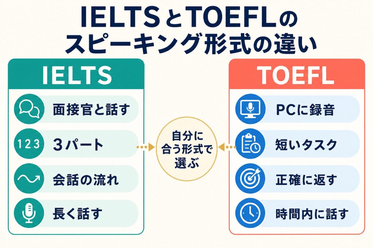 IELTSとTOEFLのスピーキング形式の違いを面接型と録音型で比べた図解