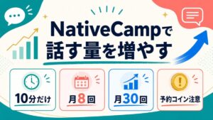 NativeCampで話す量を増やす。10分だけ、月8回、月30回、予約コイン注意を示したブログサムネイル。