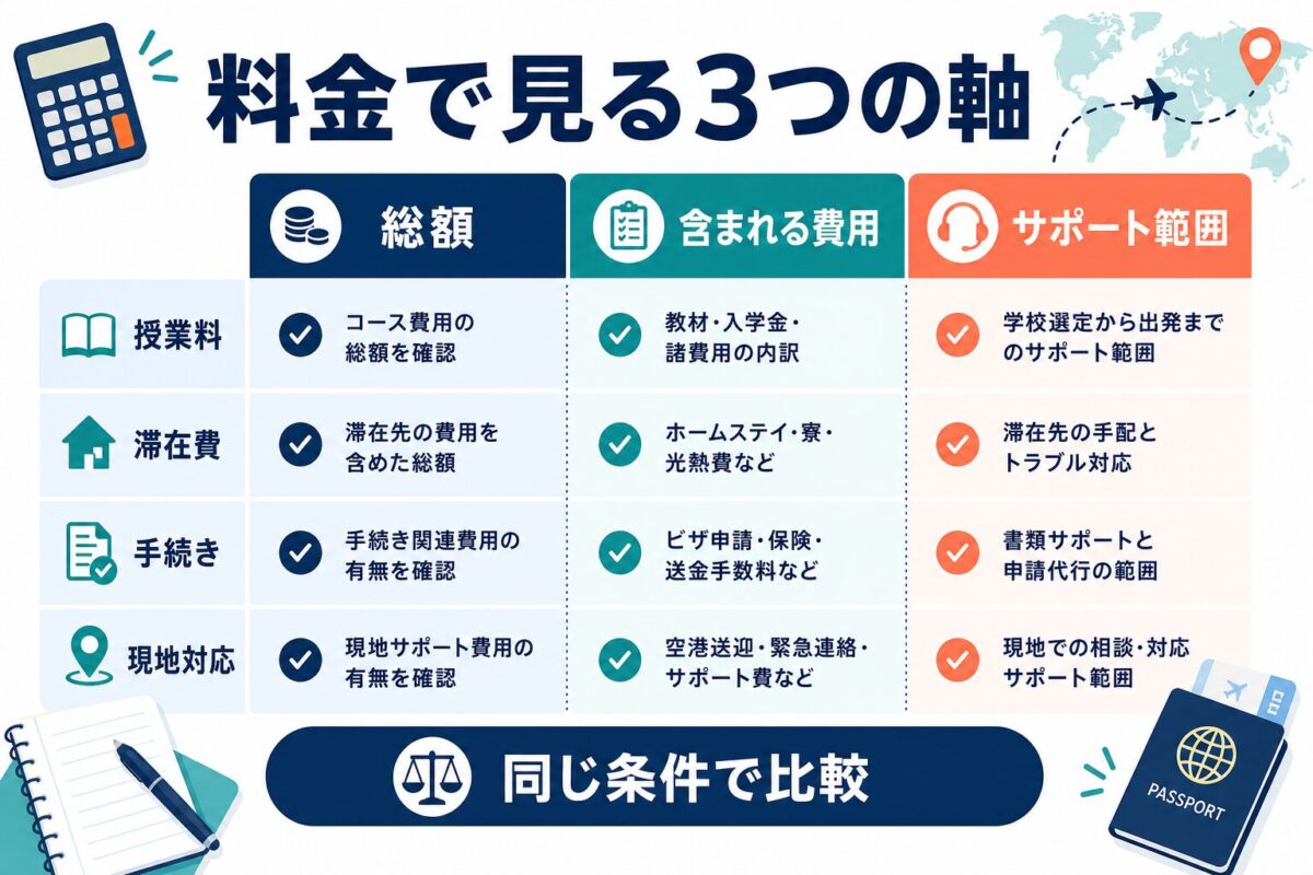 ISS留学ライフの料金を総額・含まれる費用・サポート範囲で比べる図解