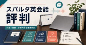 スパルタ英会話 評判の記事アイキャッチ。人物なしで料金・効果・学習内容の判断軸を示す編集用ビジュアル。