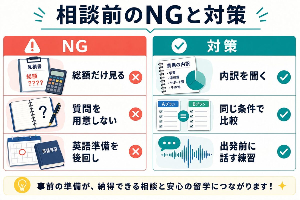 ISS留学ライフの料金相談前に避けたいNGと対策の図解