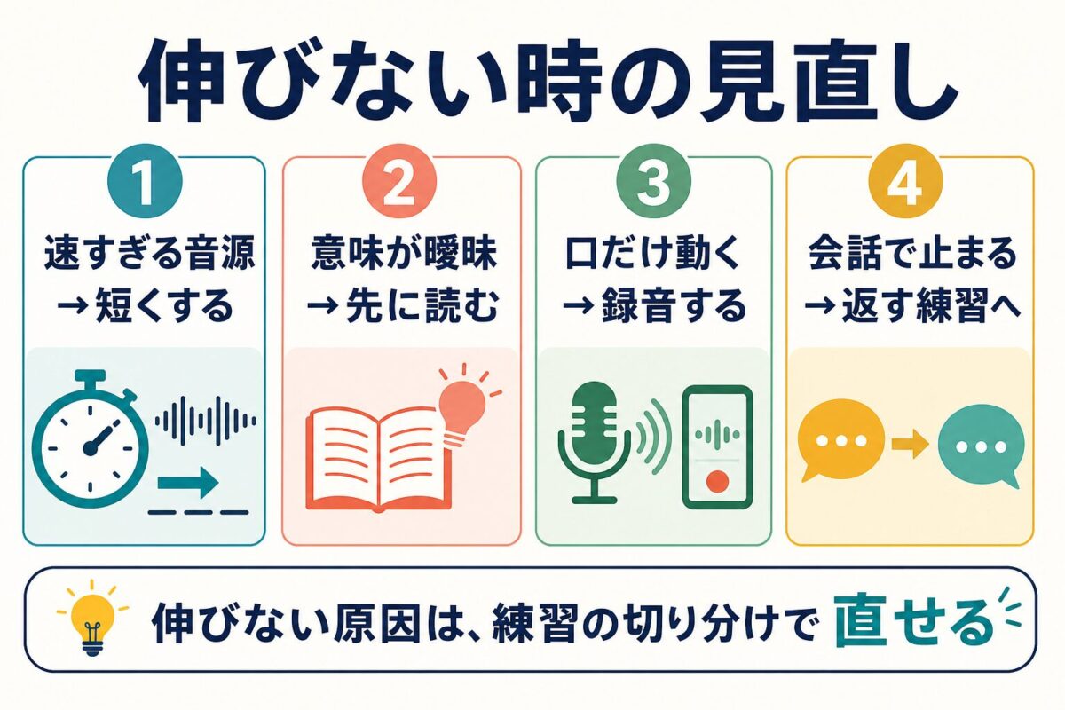 シャドーイングで伸びない時の原因と見直し方を整理した図解
