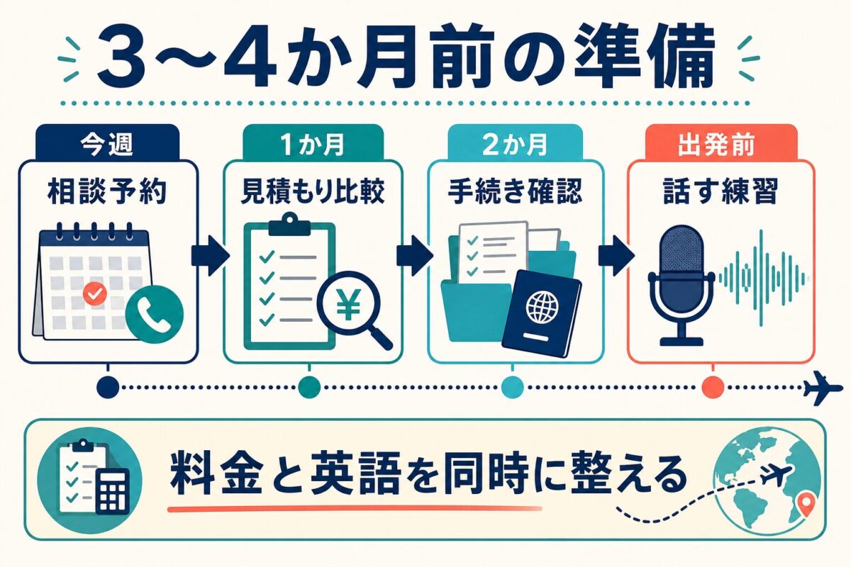 留学3から4か月前の料金相談と英語準備のタイムライン図解