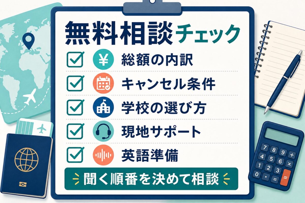 ISS留学ライフ無料相談で聞くことを整理したチェックリスト図解
