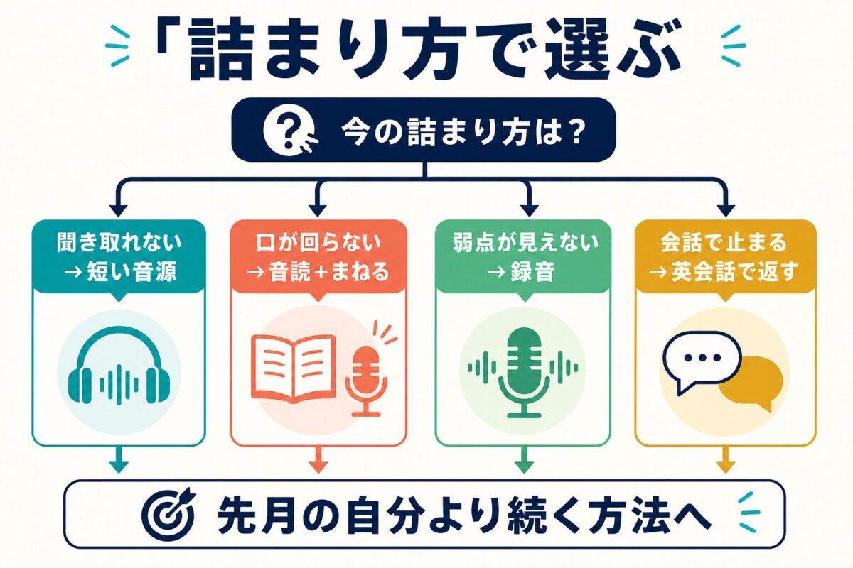 シャドーイング練習を今の詰まり方で選ぶ判断ツリー