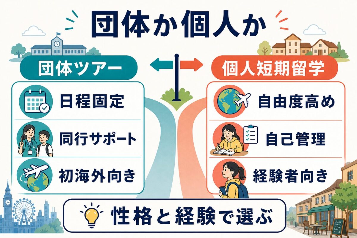 団体ツアーと個人短期留学を日程固定・同行サポート・自由度・自己管理で比較する図解