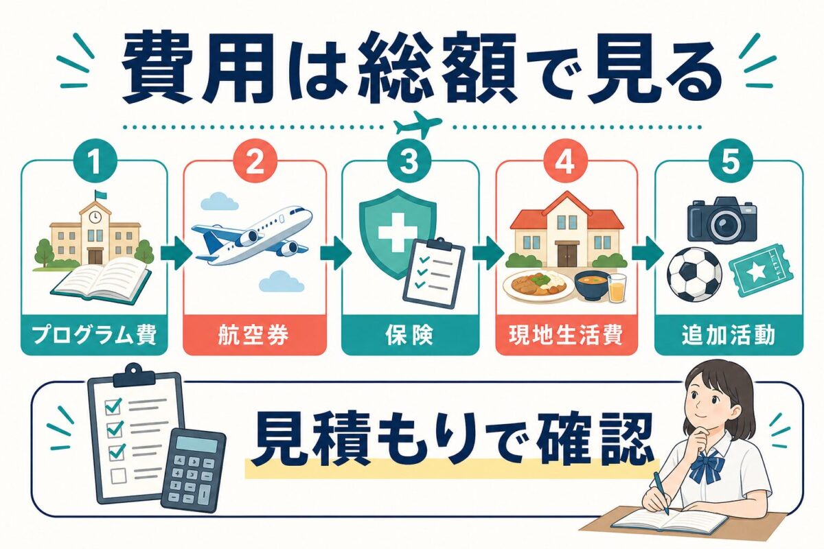 高校生の夏休み留学費用をプログラム費・航空券・保険・現地生活費・追加活動で確認する図解