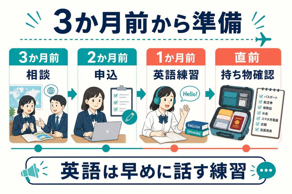 高校生の夏休み留学準備を3か月前の相談から直前の持ち物確認まで整理した図解
