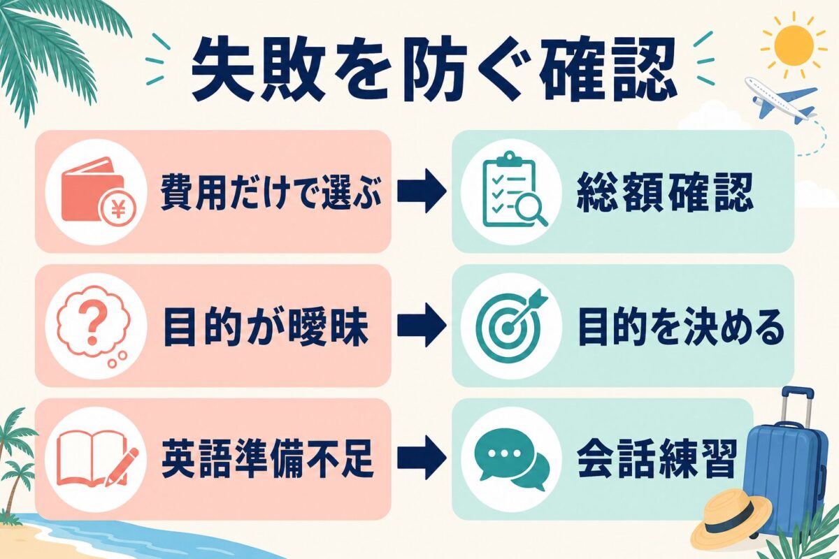 夏休み留学で費用だけで選ぶ、目的が曖昧、英語準備不足を防ぐ図解