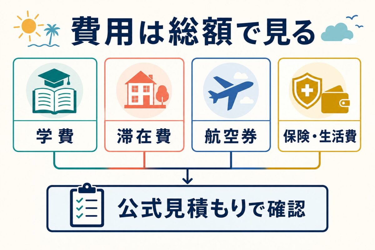 夏休み留学の費用を学費・滞在費・航空券・保険生活費で確認する図解