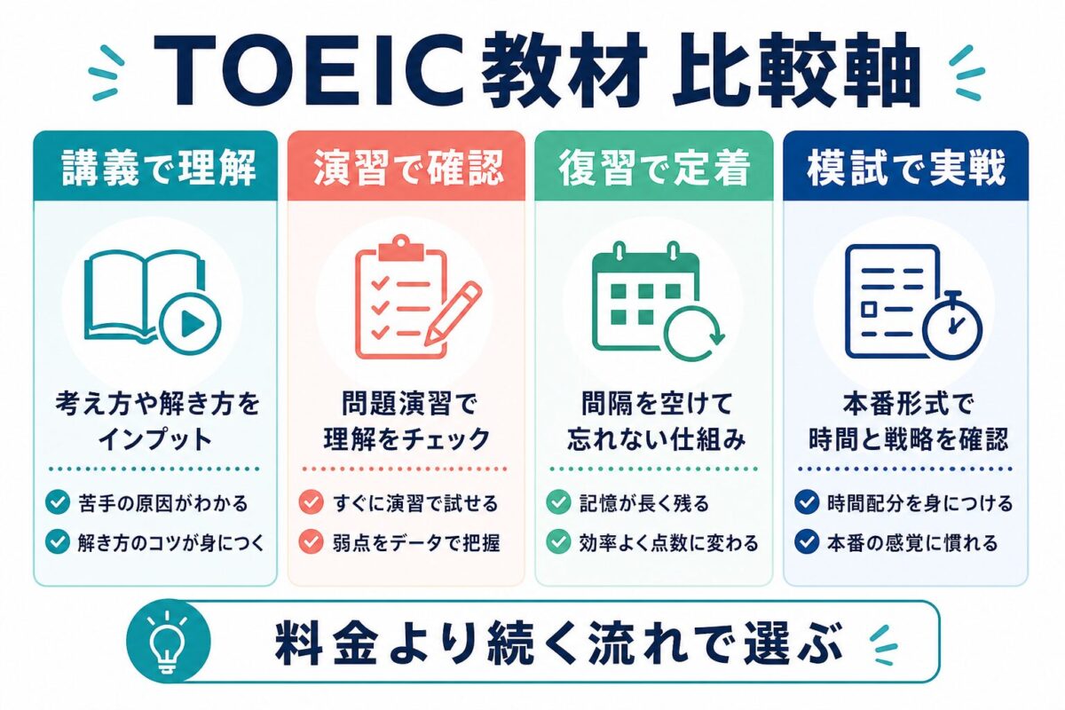 TOEIC教材を講義演習復習模試で比較する図