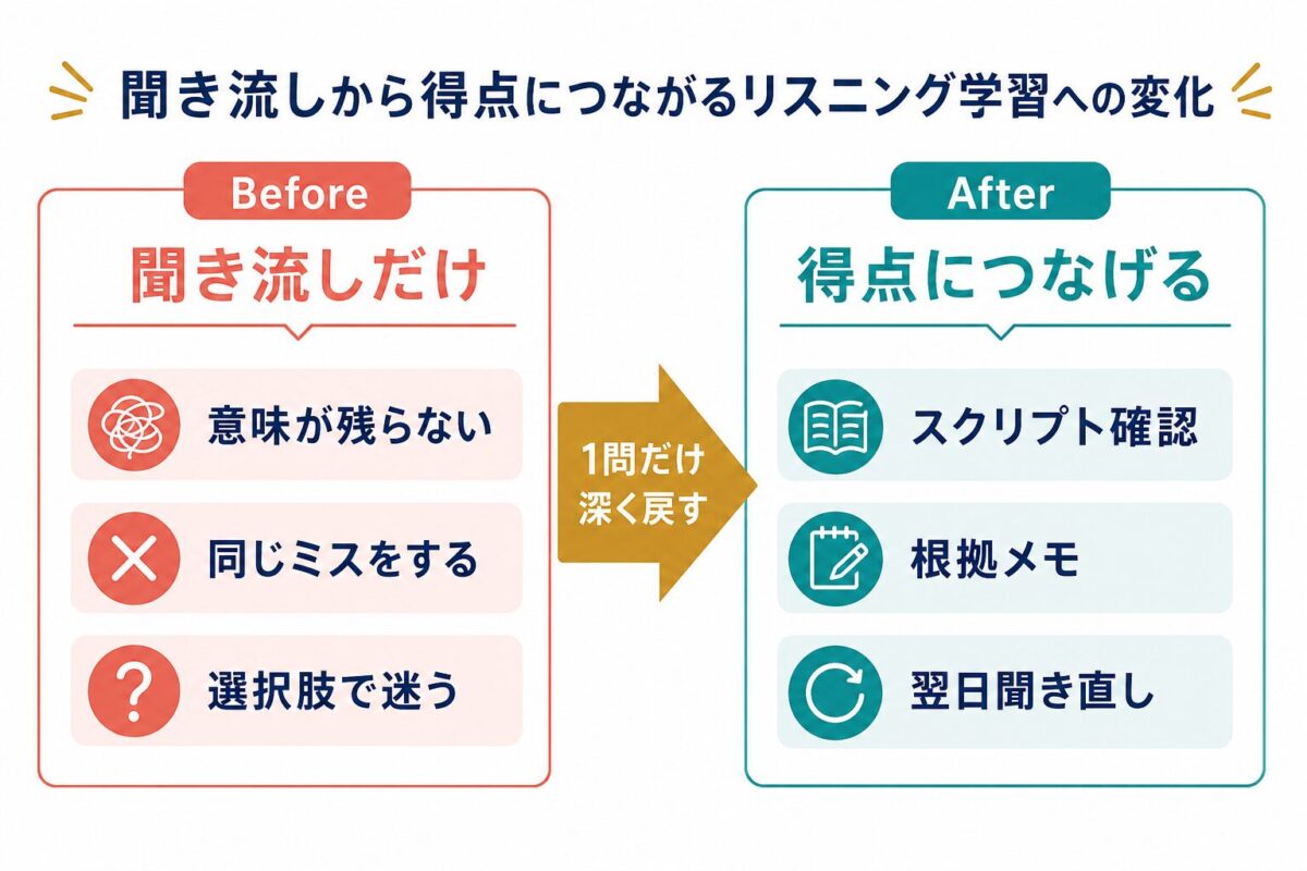 聞き流しだけの学習から得点につながるリスニング学習へ変えるためのビフォーアフター図解