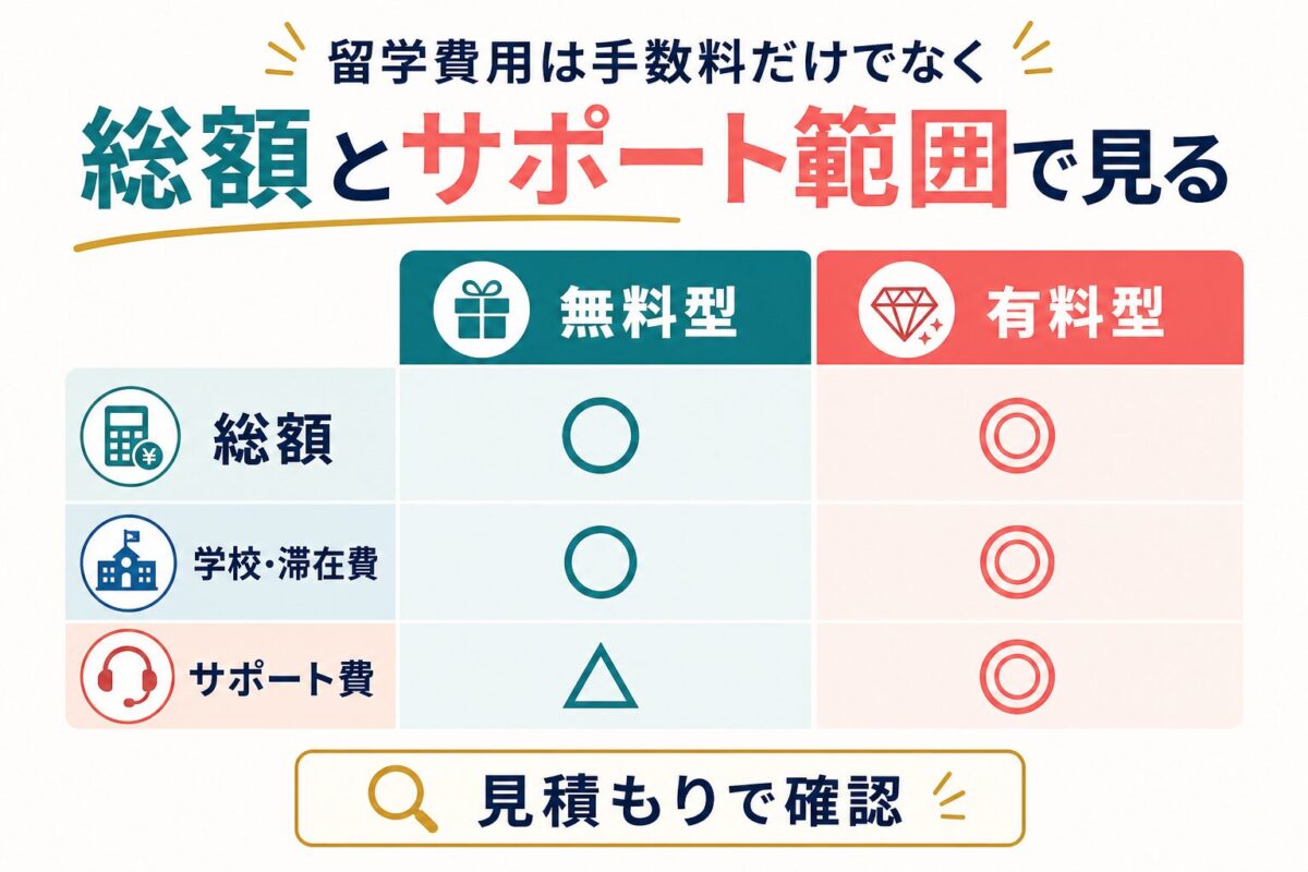 留学エージェント費用は総額とサポート範囲で見る図