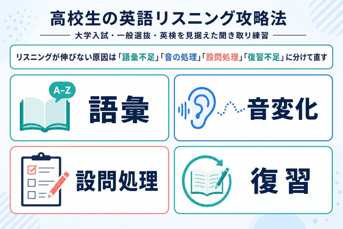 高校生の英語リスニングが伸びない原因を語彙、音変化、設問処理、復習に分けた図解