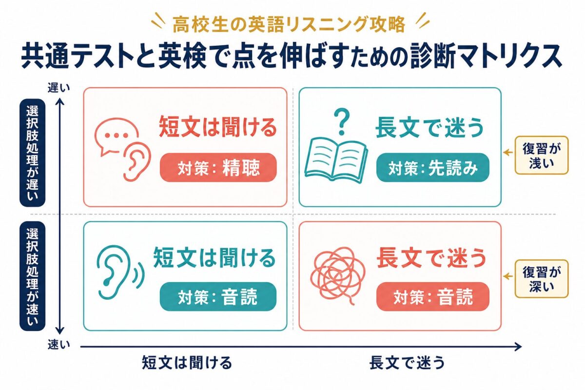共通テストと英検リスニングの弱点を短文・長文・選択肢処理で整理した診断マトリクス