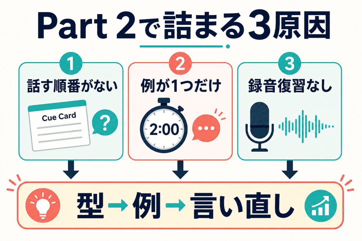 IELTS Speaking Part 2で詰まる3原因を示す図解