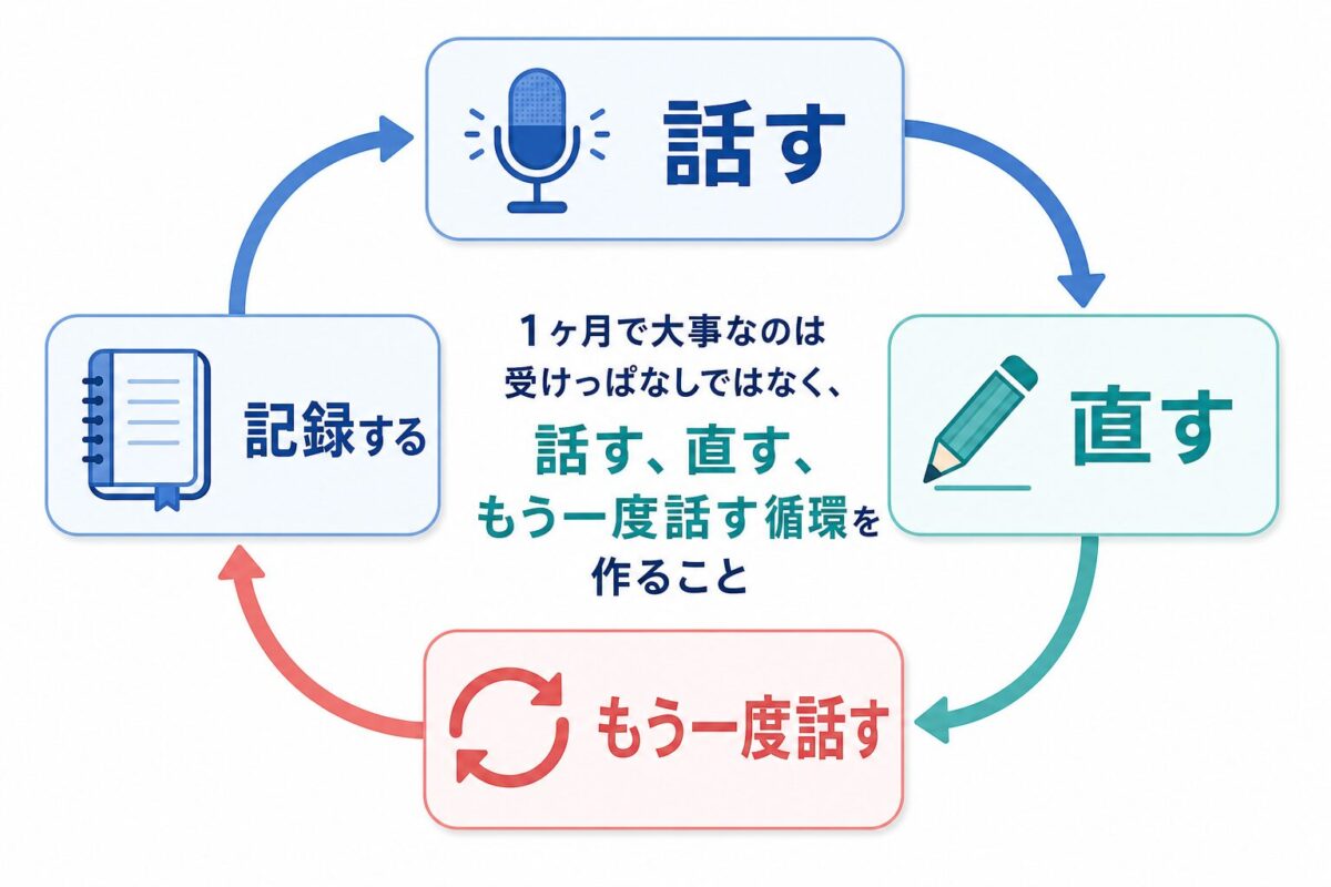 DMM英会話を1ヶ月使う話す・直す・もう一度話す練習サイクル図