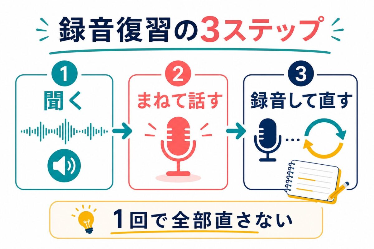YouCanSpeakの録音復習を聞く、まねて話す、録音して直す3ステップで示した図解