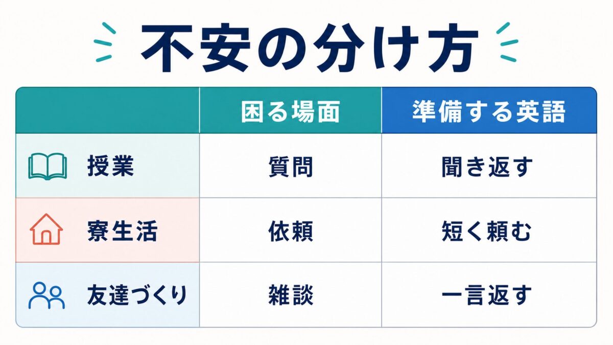 フィリピン留学前の不安を授業、寮生活、友達づくりに分けた図解