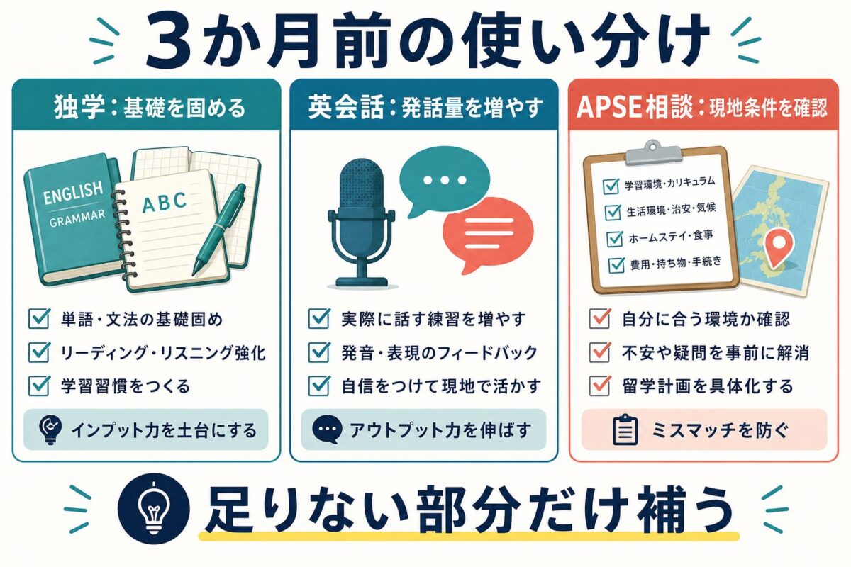 独学、オンライン英会話、APSE相談で3か月前に補う部分を分ける図
