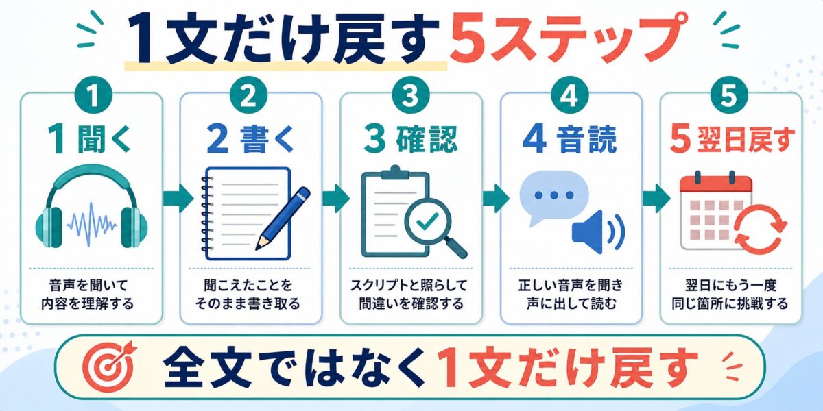 ディクテーションを聞く、書く、確認、音読、翌日戻すの5ステップで進める図解