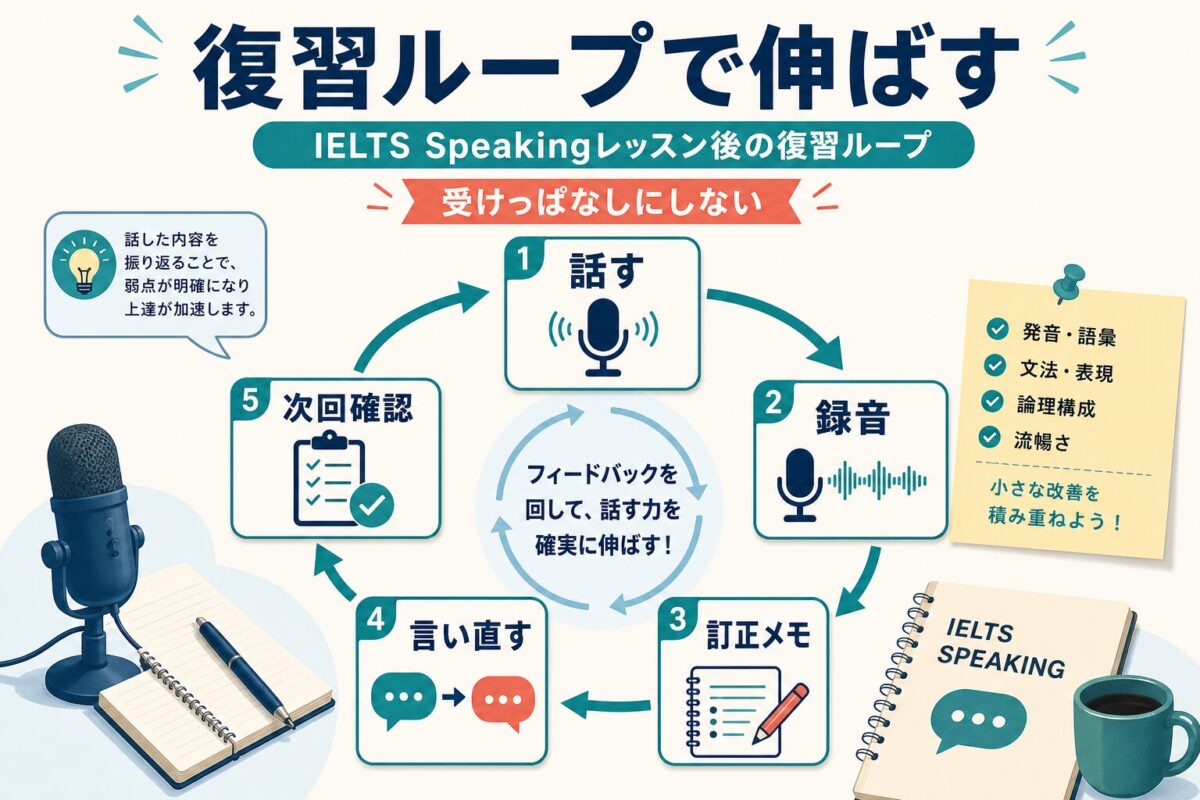 IELTS Speakingレッスン後に話す録音訂正メモ言い直しを回す復習ループ図解