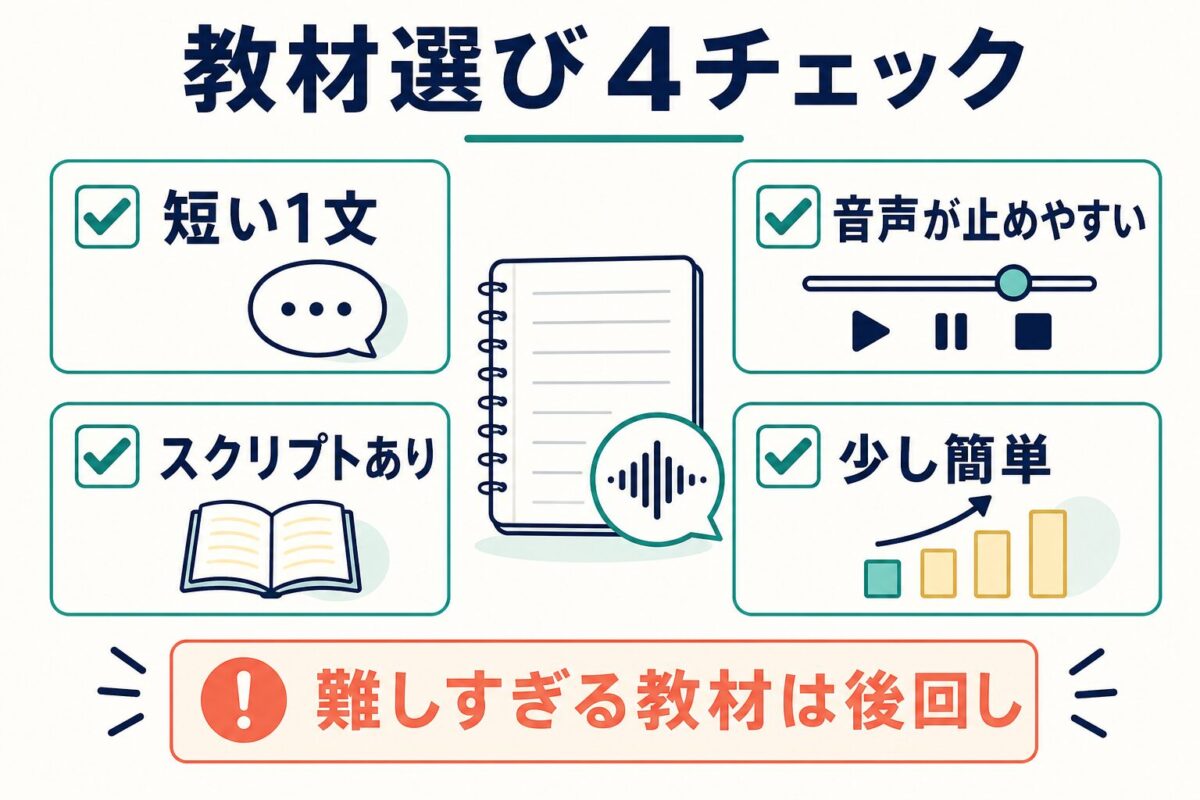 リピーティング教材選びの4チェックを示した図解
