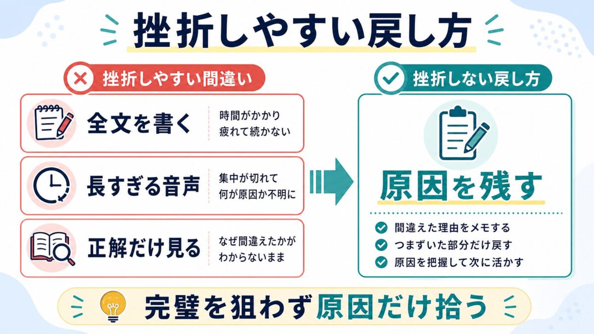 ディクテーションで全文を書く、長すぎる音声、正解だけ見る失敗を原因を残す復習へ変える図解