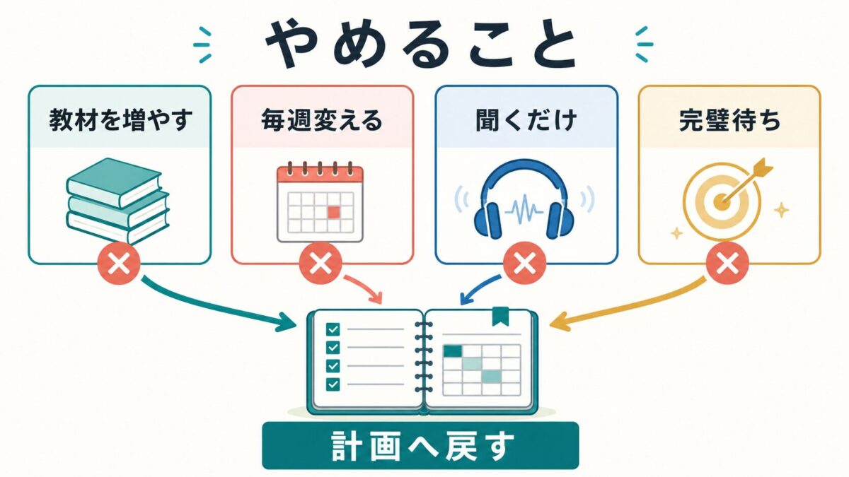 3ヶ月の英語学習でやめることを教材、方法変更、聞くだけ、完璧待ちで整理した図解