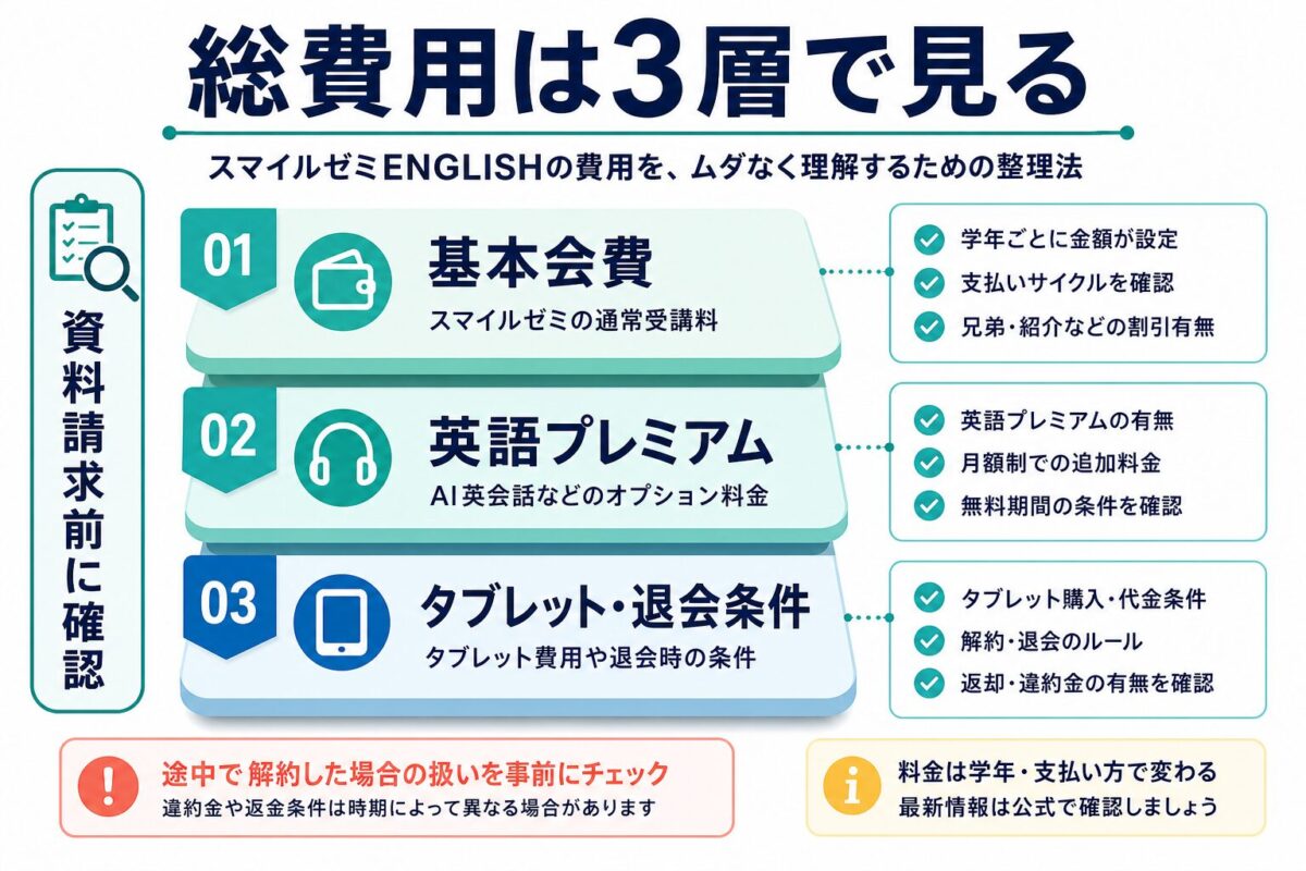 スマイルゼミENGLISHの総費用を基本会費、英語プレミアム、タブレット退会条件の3層で整理した図