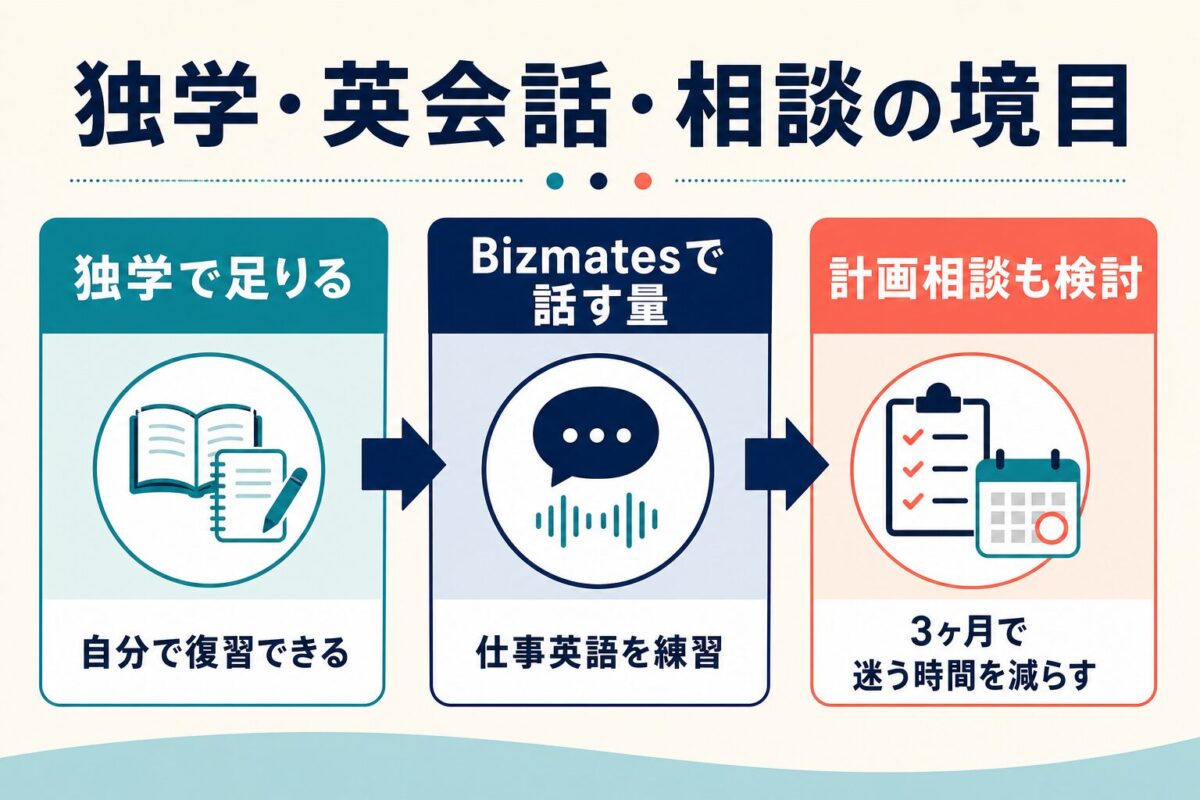 独学で足りる人、Bizmatesで話す量を増やす人、計画相談も検討する人の境目を示す図解