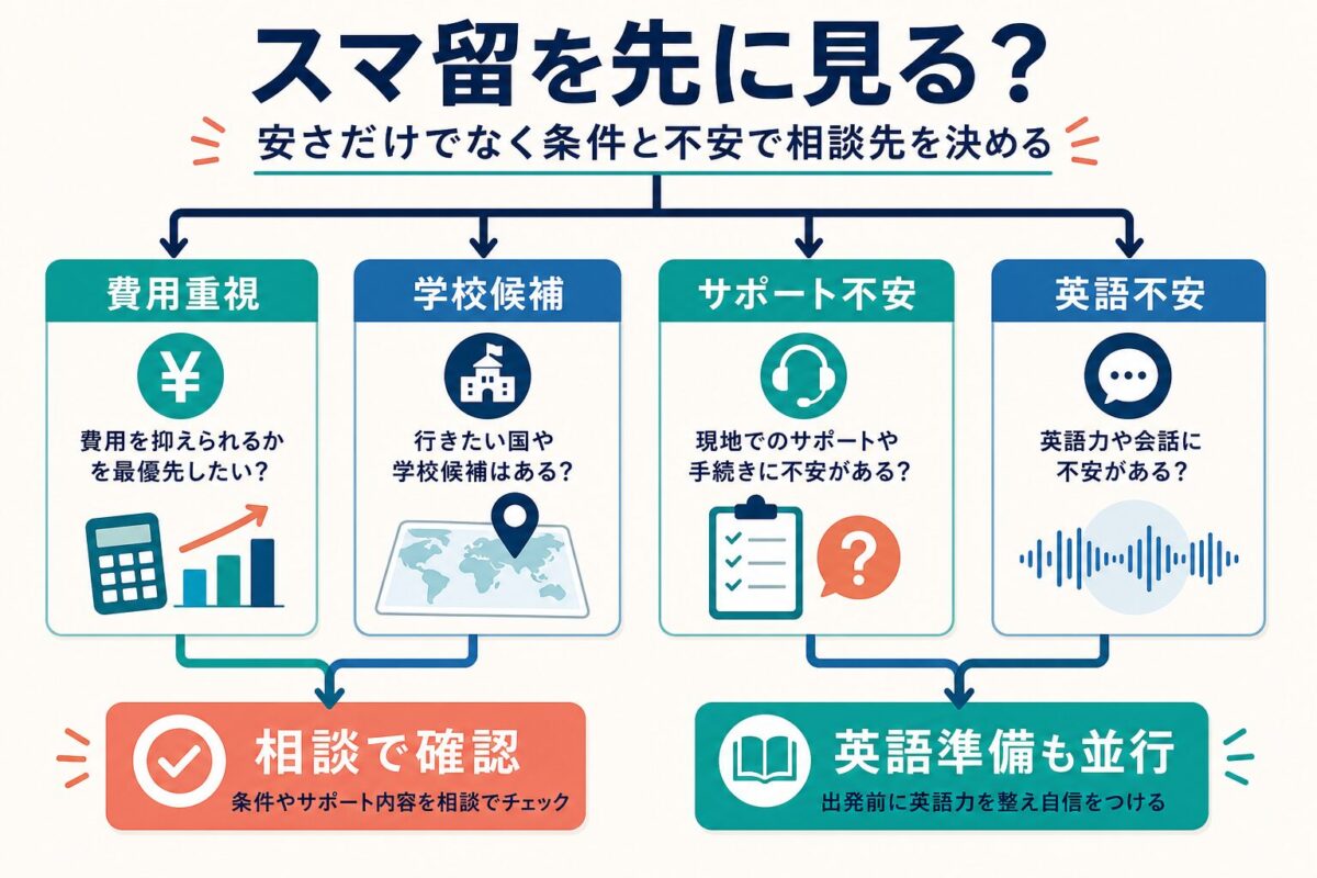 スマ留を先に見るか費用、学校候補、サポート不安、英語不安で判断する図解