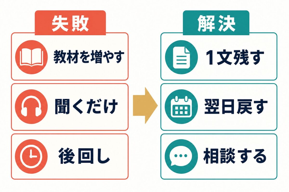 短期集中で復習が崩れる失敗と解決策を整理した図解