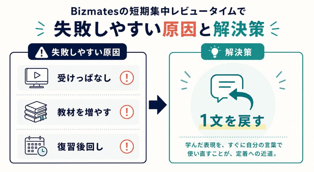 Bizmates短期集中で受けっぱなし、教材を増やす、復習後回しを避けて1文を戻す図解