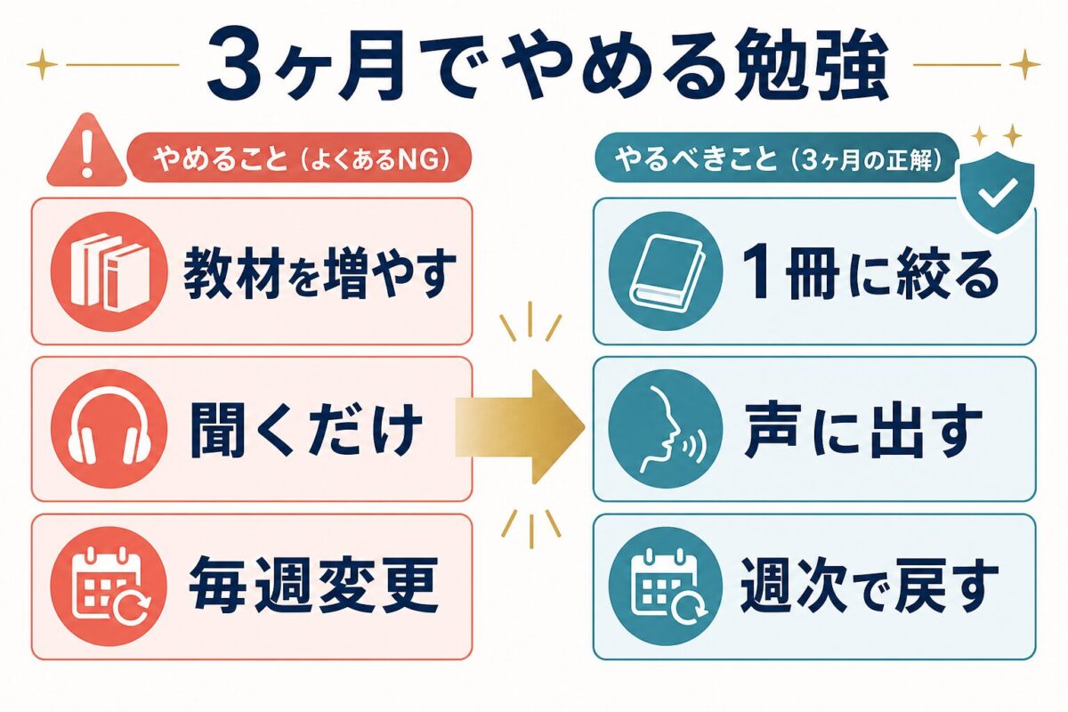 3ヶ月の英語学習でやめる勉強と代わりにやることを示した図解