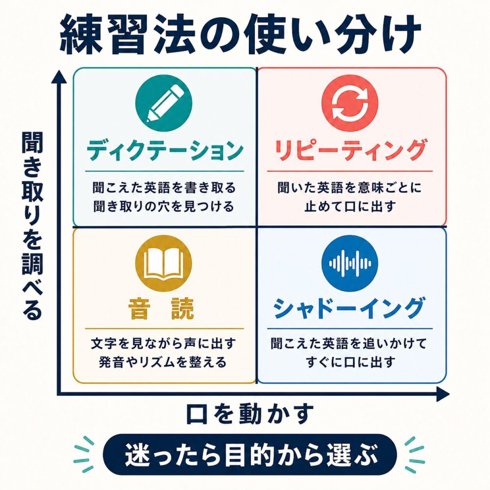 ディクテーション、リピーティング、音読、シャドーイングの使い分けを示した図解