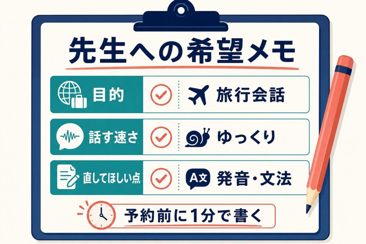 イングリッシュベルの予約前に目的、話す速さ、直してほしい点を先生へ伝える希望メモ図解