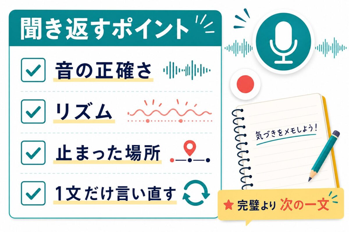 英語を録音して聞き返すときの発音、リズム、止まった場所、言い直しのチェック図解