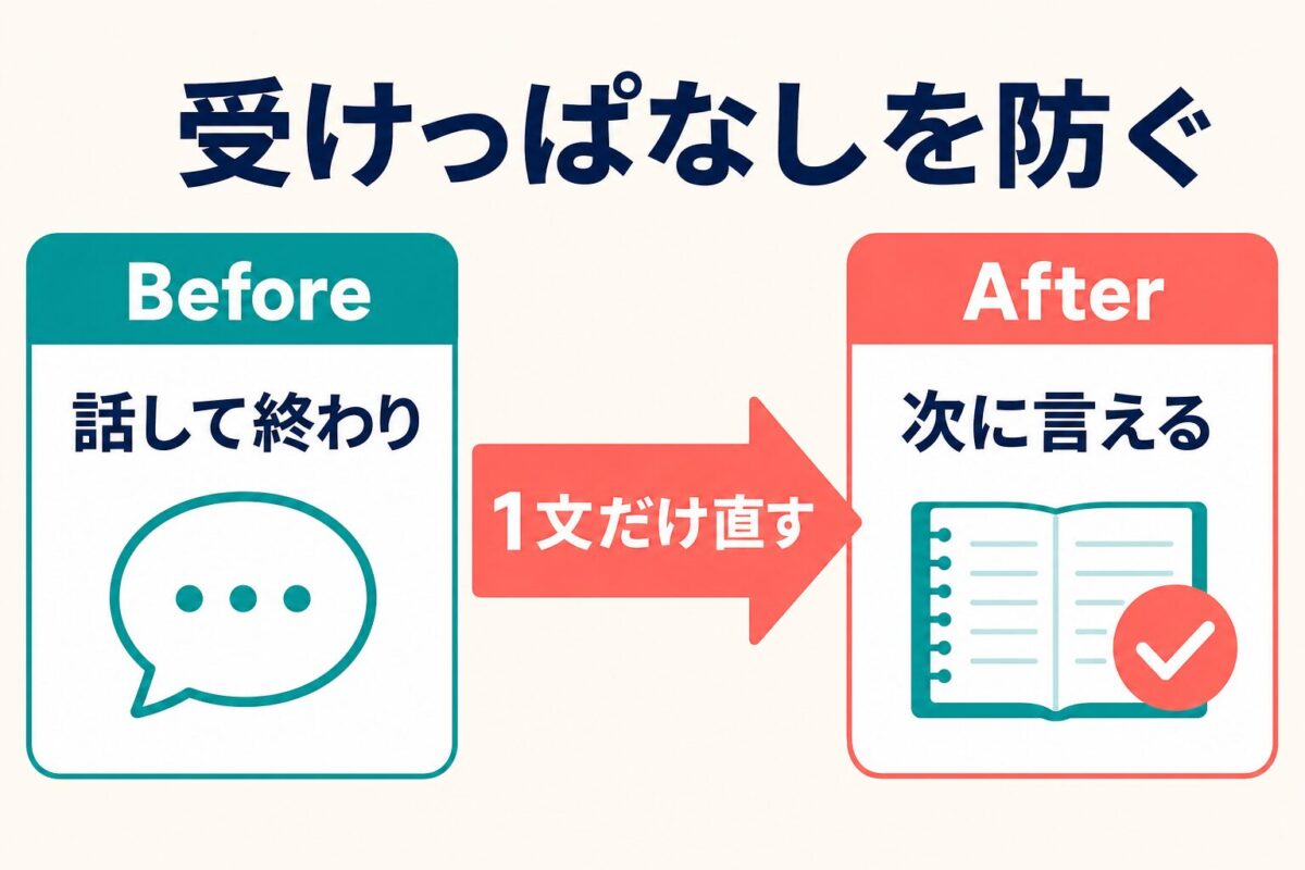 DMM英会話の初心者が受けっぱなしを防ぎ次に言える一文へ直す復習図解