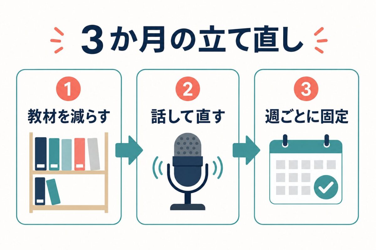 3か月で教材を減らし、話して直し、週ごとに固定する流れの図解