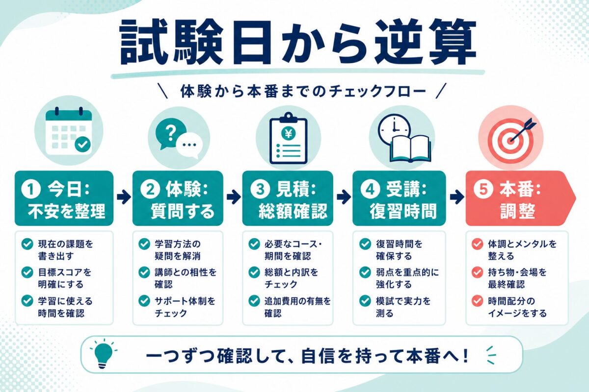 無料体験から試験本番までを試験日から逆算するチェックフロー図