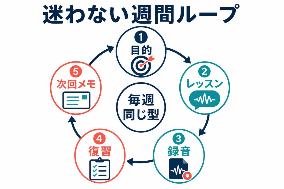 目的、レッスン、録音、復習、次回メモを毎週回す学習ループ