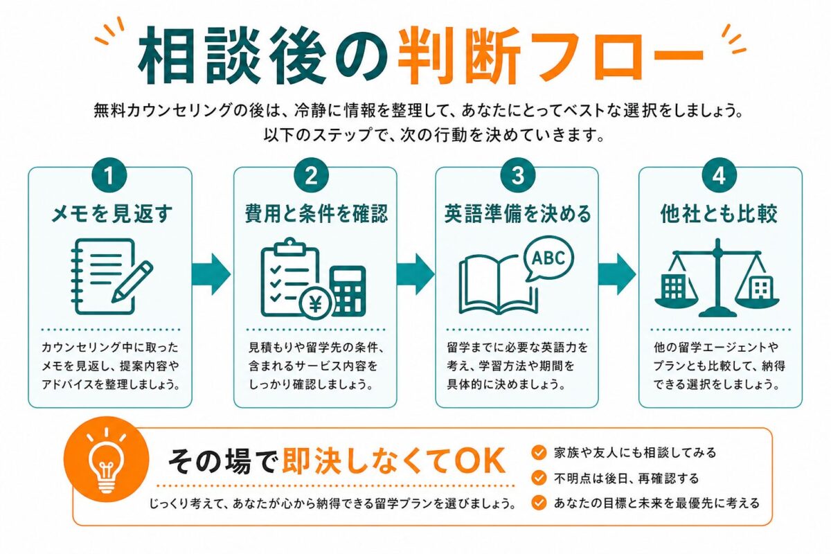 夢カナ留学の無料カウンセリング後にメモ、費用、英語準備、他社比較を確認する流れの図解