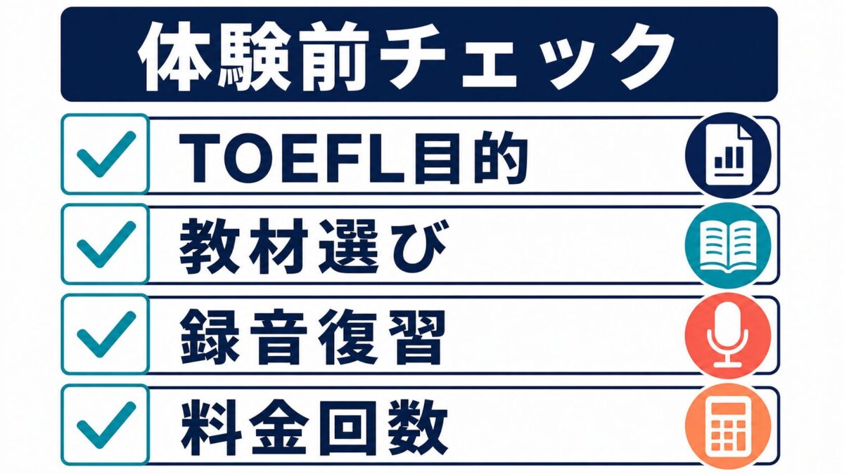 レアジョブ体験前にTOEFL目的・教材選び・録音復習・料金回数を確認する図解