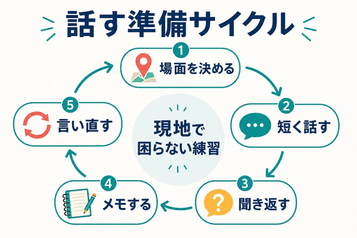 場面を決める、短く話す、聞き返す、メモする、言い直す流れの図