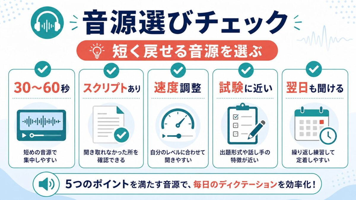 ディクテーション用音源を30秒から60秒、スクリプト、速度調整、試験に近い、翌日も聞ける条件で選ぶ図解