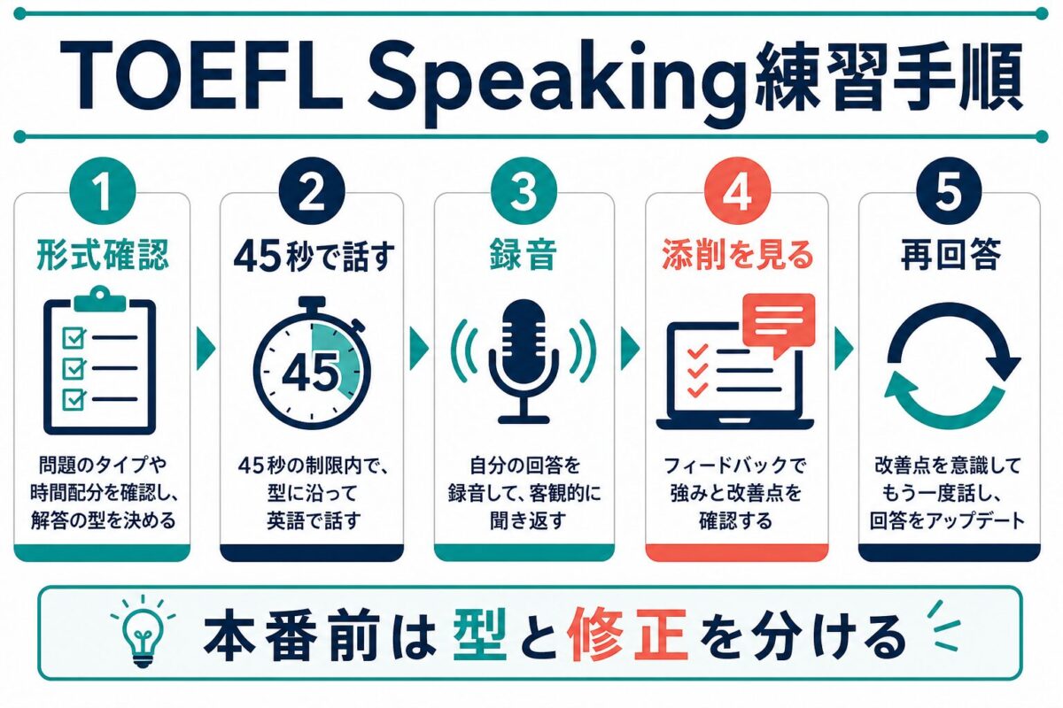 TOEFL Speaking練習の形式確認45秒で話す録音添削再回答の手順