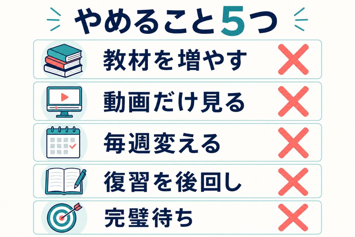 学習法迷子がやめる教材追加、動画だけ、毎週変更、復習後回し、完璧待ちの図解